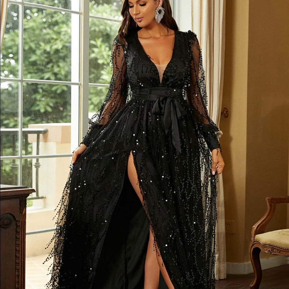 Sequin Black Swing Slit Dress
